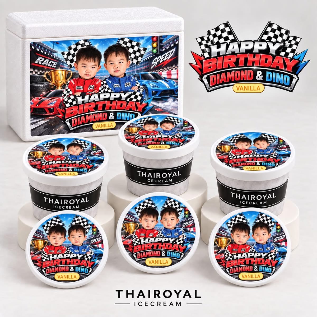 Happy Birthday · Diamond & Dino — ฝาถ้วยและกล่องโฟม ThaiRoyal