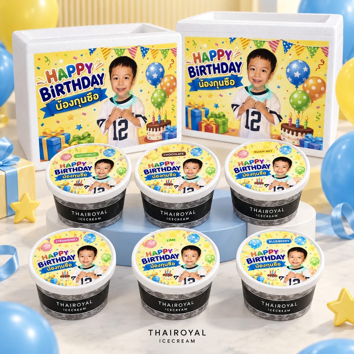 Happy Birthday · Birthday · Blue & Yellow — ฝาถ้วยและกล่องโฟม ThaiRoyal