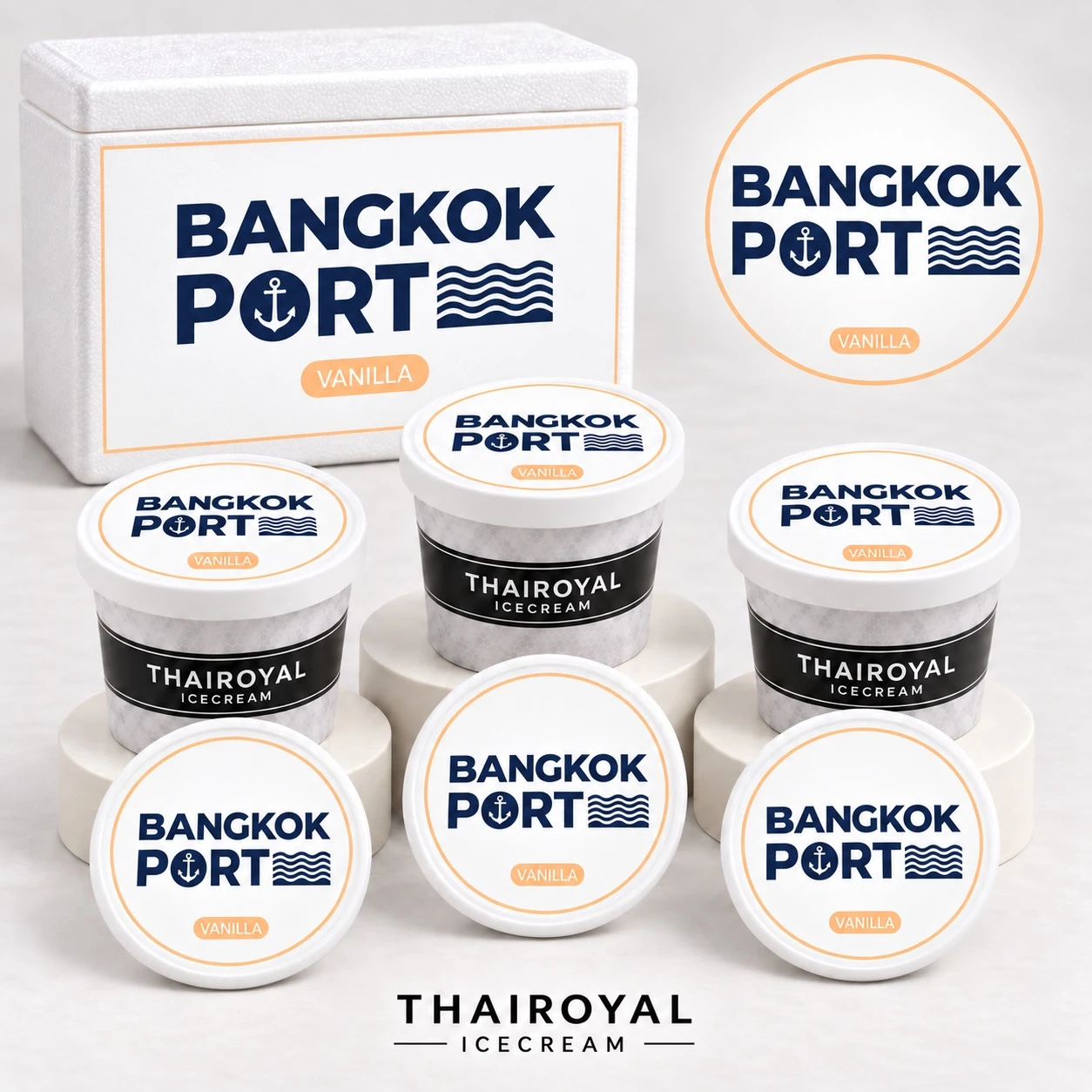 Bangkok Port — โลโก้ท่าเรือกรุงเทพบนฝาถ้วยและกล่องโฟม โทนขาวและน้ำเงิน