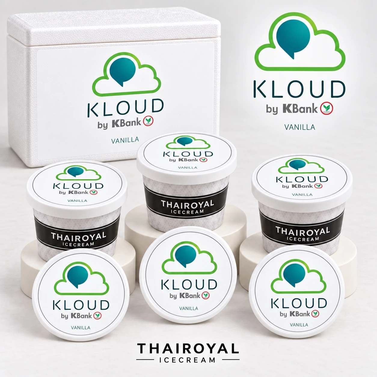 KLOUD by KBank — ฝาถ้วยและกล่องโฟมสีขาว แต่งโลโก้สีเขียวและน้ำเงิน
