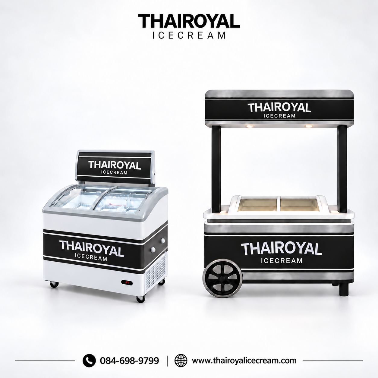 THAIROYAL · ตู้ไอศกรีมและคีออส — ตู้ไอศกรีมและคีออส THAIROYAL โทนดำและเงิน พร้อมโลโก้แบรนด์