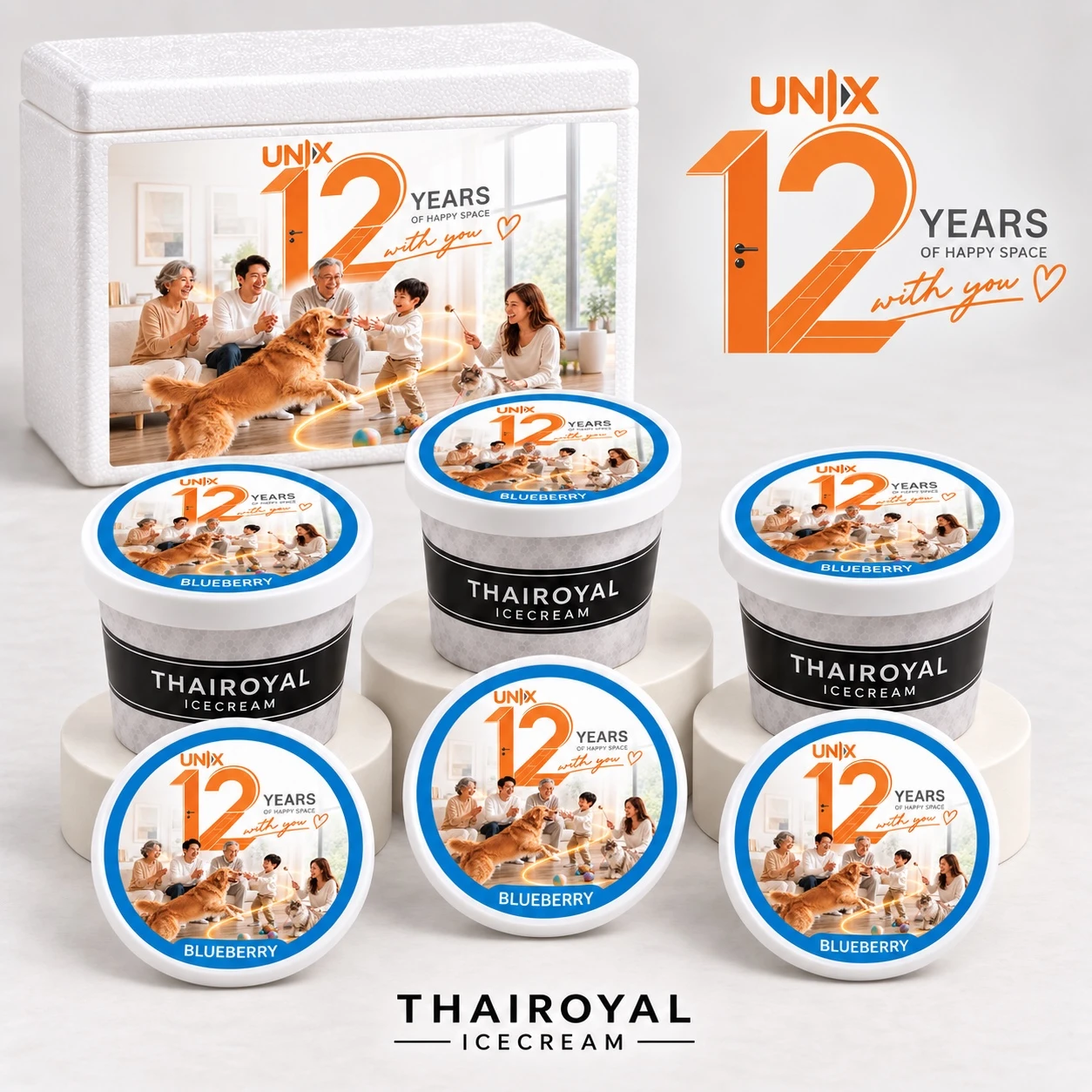UNIX · 12 Years — ชุดไอศกรีมธีมฉลอง 12 ปี พร้อมภาพและข้อความบนฝาถ้วย