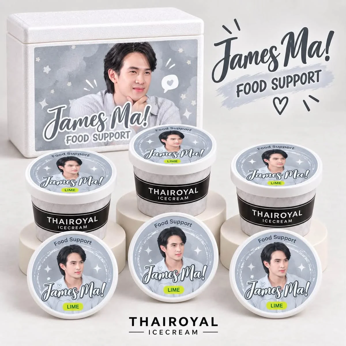 James Ma · Food Support — ภาพศิลปินและข้อความ Food Support บนฝาถ้วยและกล่องโฟม