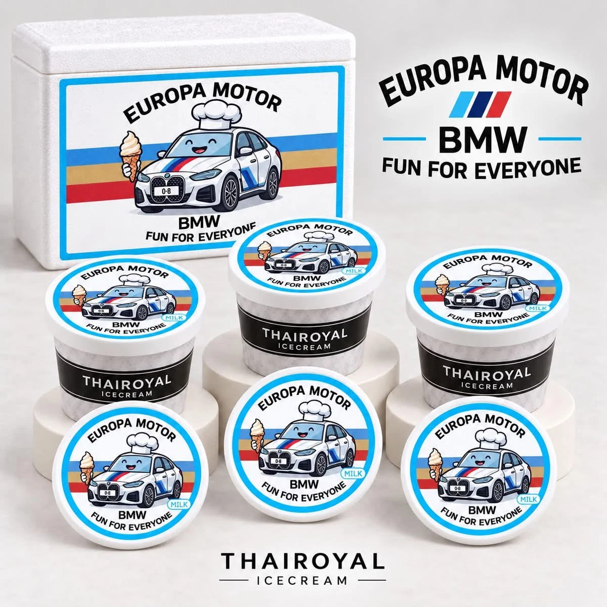 EUROPA MOTOR · BMW — โลโก้และคาแรกเตอร์บนฝาถ้วย จับคู่กล่องโฟมธีมเดียวกัน